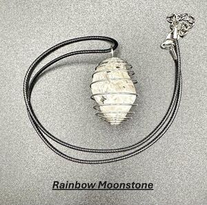 Natural Rainbow Moonstone Raw Crystal Spiral Wire Cage Pendant Necklace Black